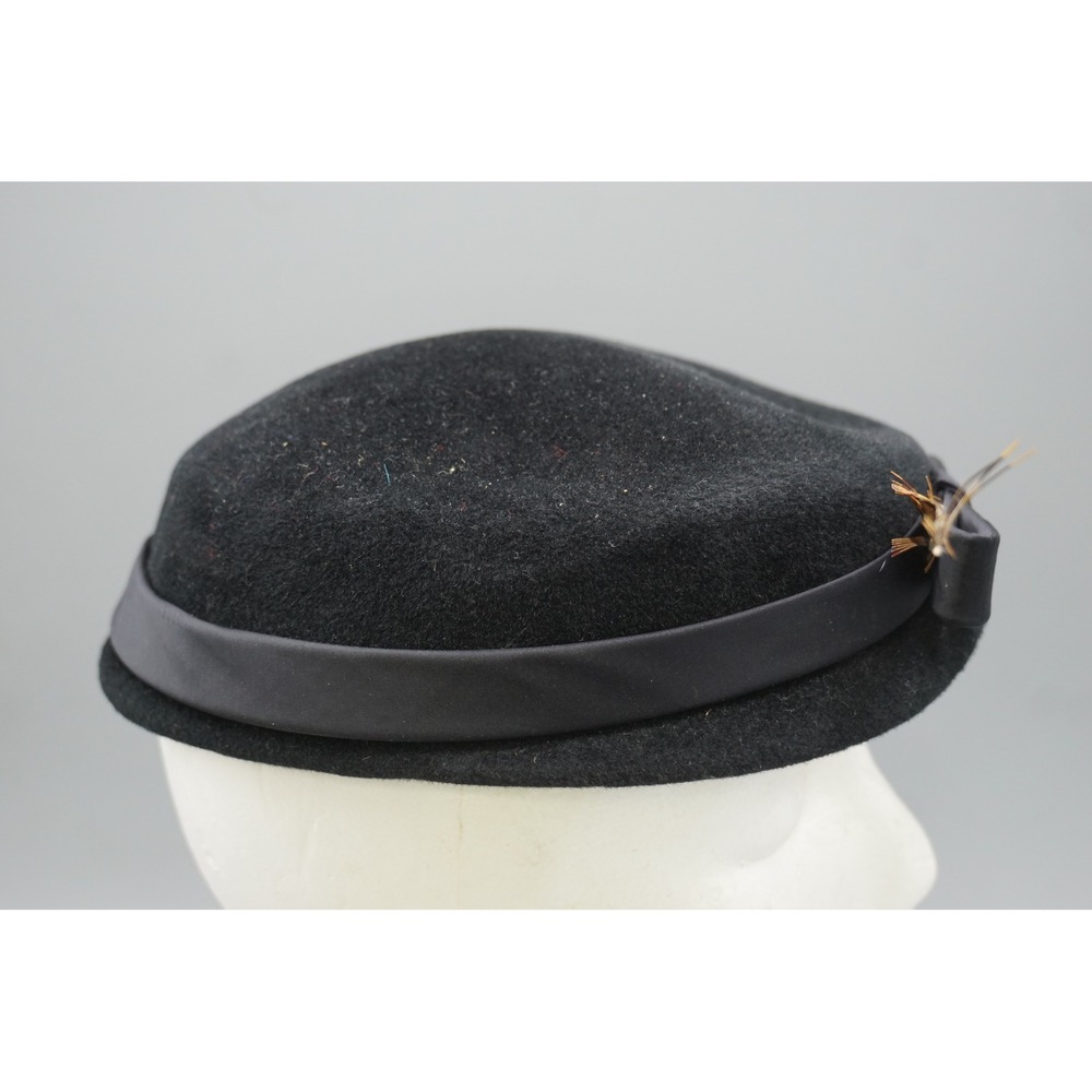 Vintage Black Wool Felt Pillbox Hat with Bow and Feather Accent 21 Inch - Picture 4 of 5